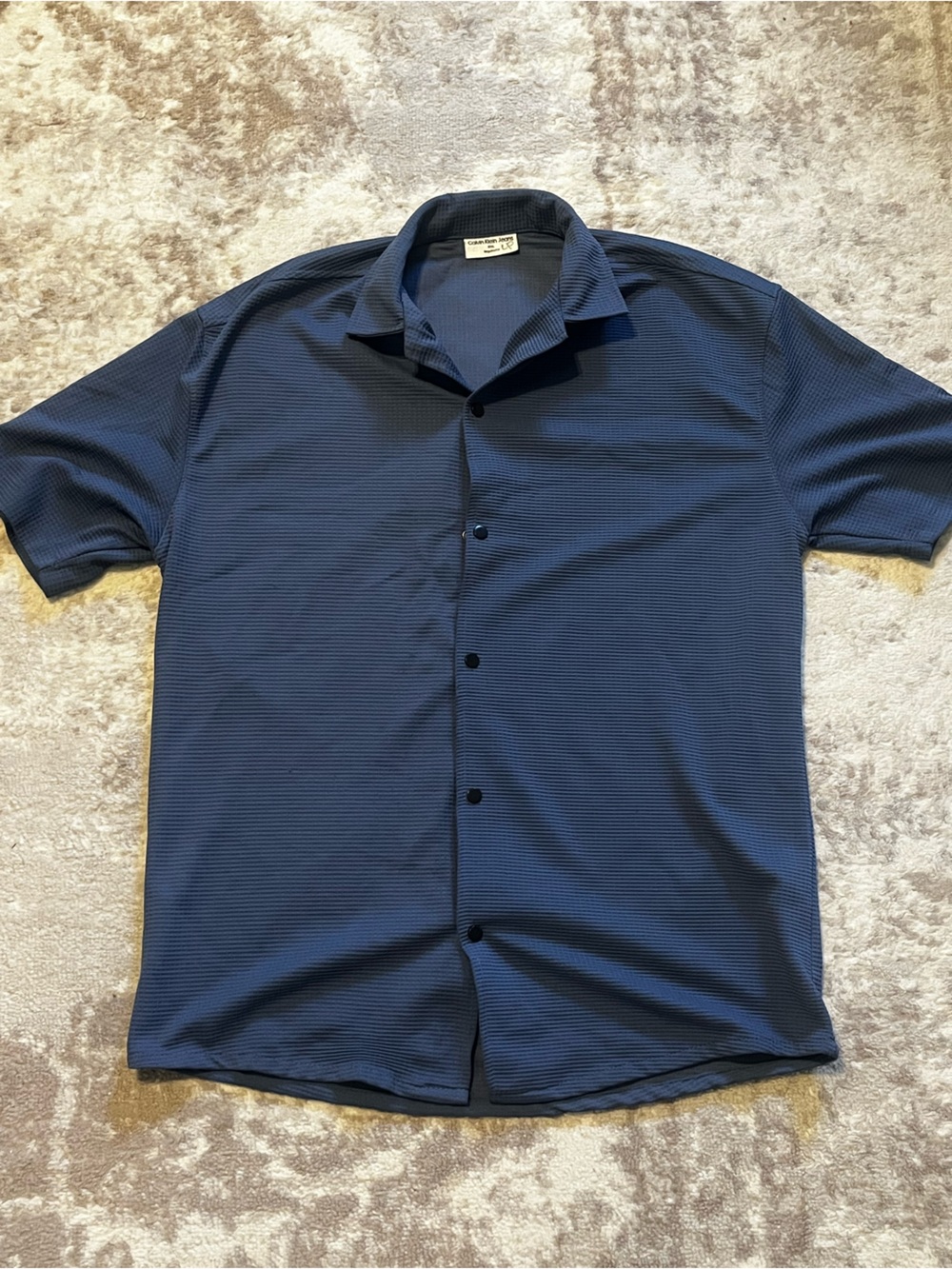 Calvin Klein Jeans Mens XXL Blue Waffle Textured Snap Front Shirt Short Sleeve